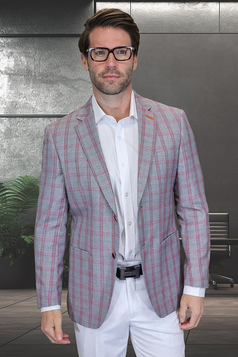Men’s Modern Fit Patch Pocket Designer Wool Summer Blazer in Grey Plaid