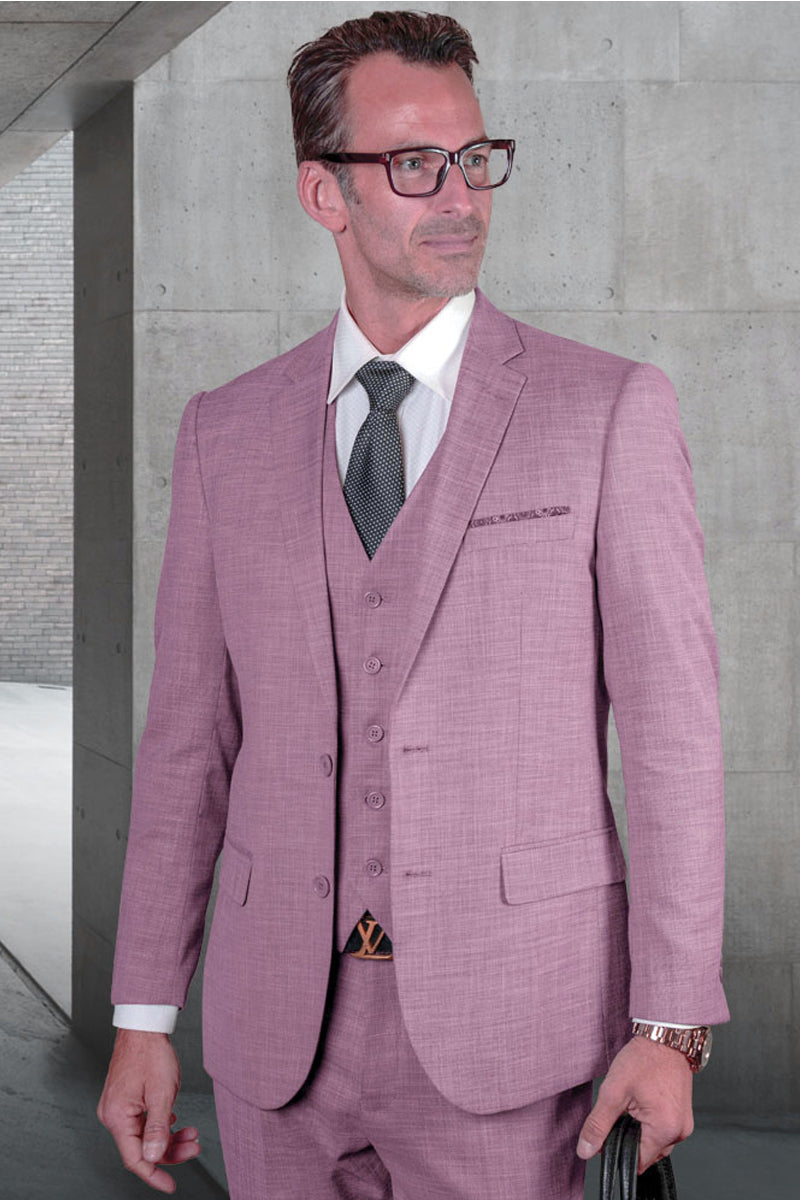 Men’s Designer Modern Fit Vested Wool Sharkskin Suit in Lavender