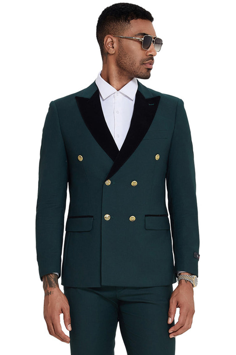 Men’s Double Breasted Wedding Suit with Velvet Peak Lapel and Gold Buttons in Dark Green