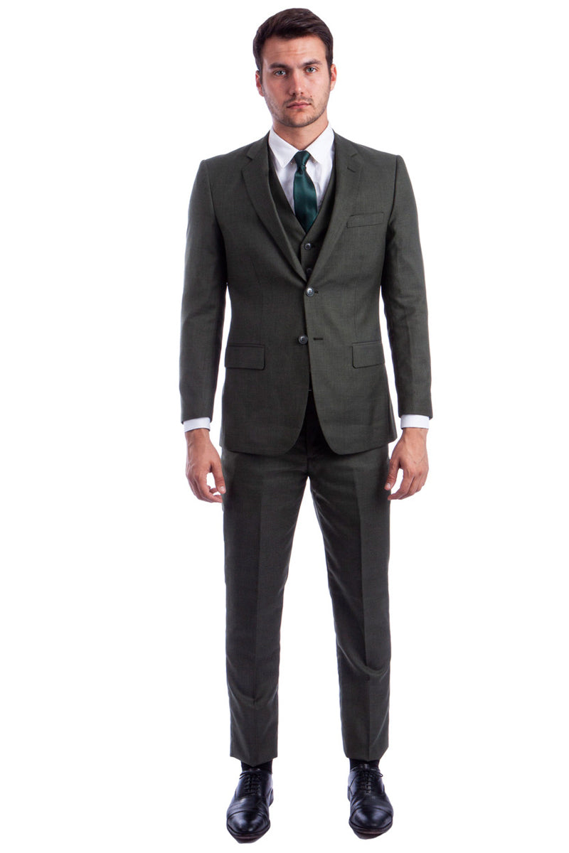 Men’s Two Button Hybrid Fit Vested Sharkskin Wedding & Business Suit in Olive Green