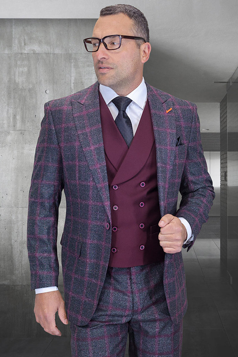Men’s Designer One Button Vested Wool Peak Lapel Suit in Black & Burgundy Windowpane Plaid