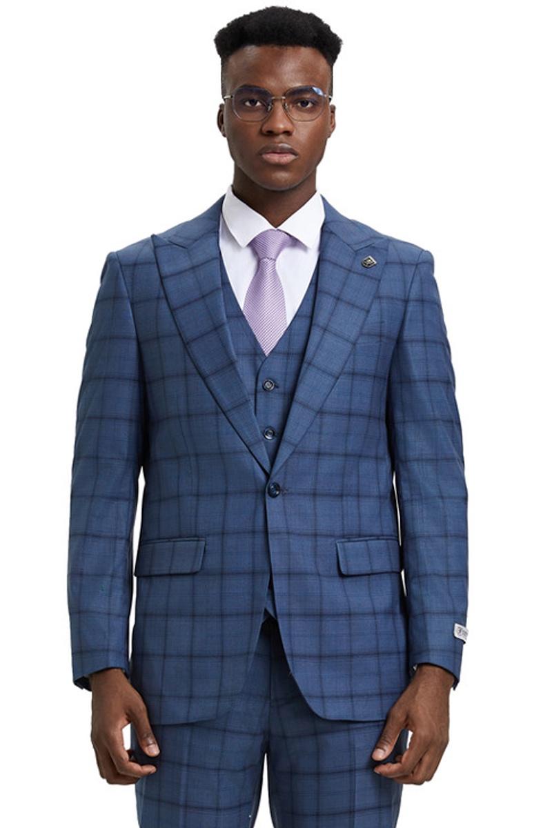 Men’s Stacy Adams One Button Vested Suit in Midnight Blue Windowpane Plaid
