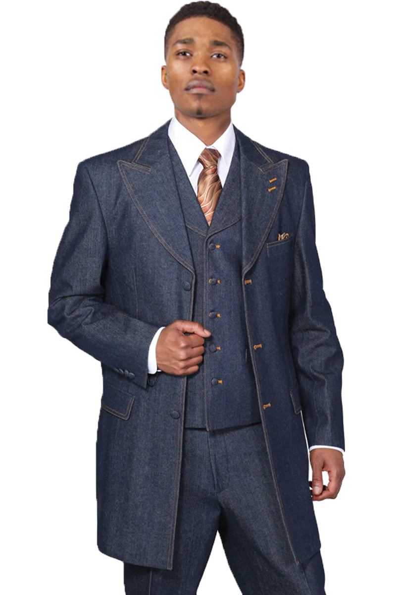 Mens Long Vested Denim Jeans Fashion Zoot Suit in Blue