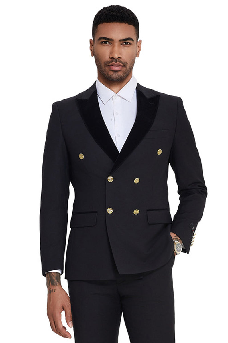 Men’s Double Breasted Wedding Suit with Velvet Peak Lapel and Gold Buttons in Black
