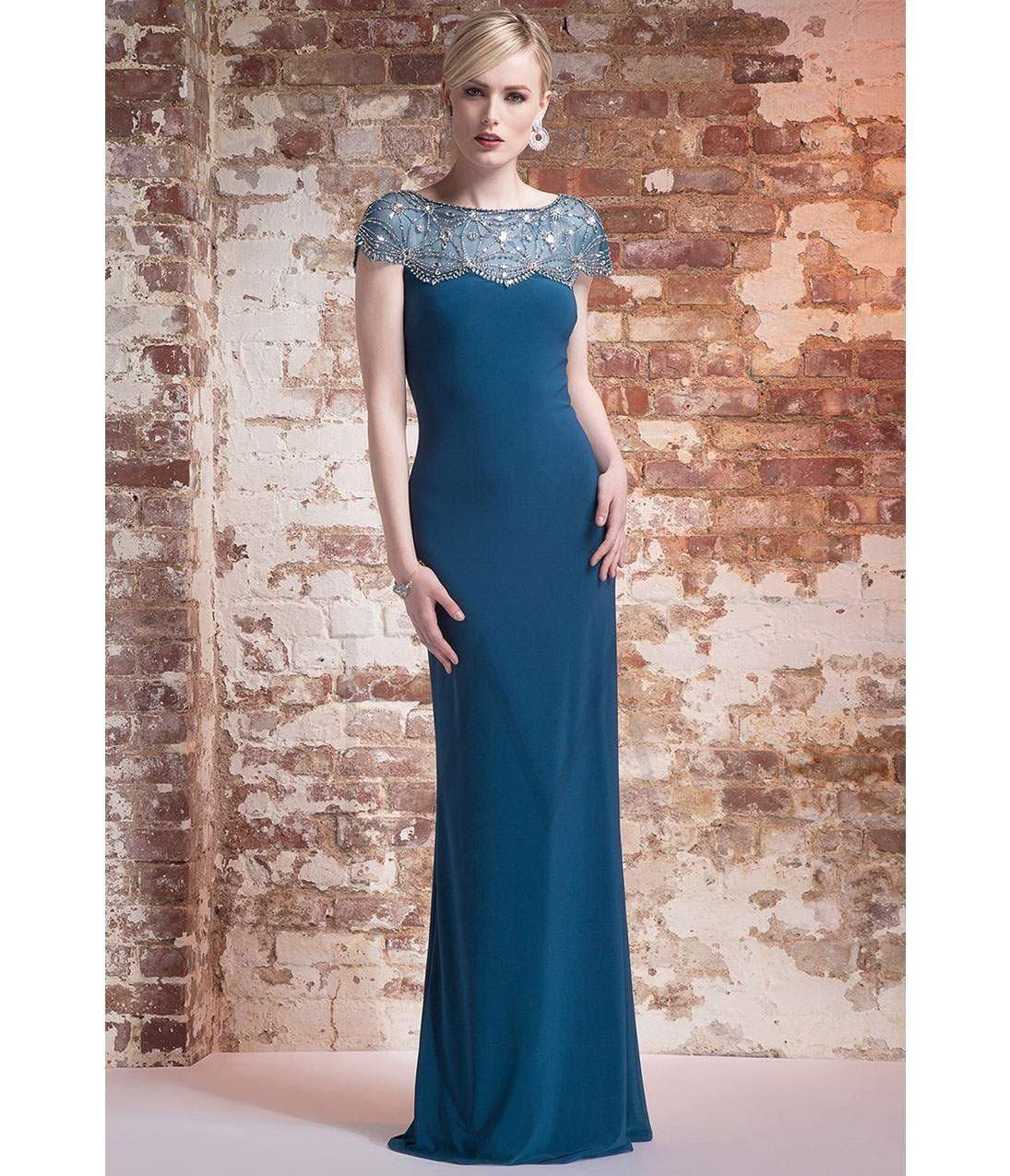 Jeweled Cap Sleeve Jersey Gown AL1889B