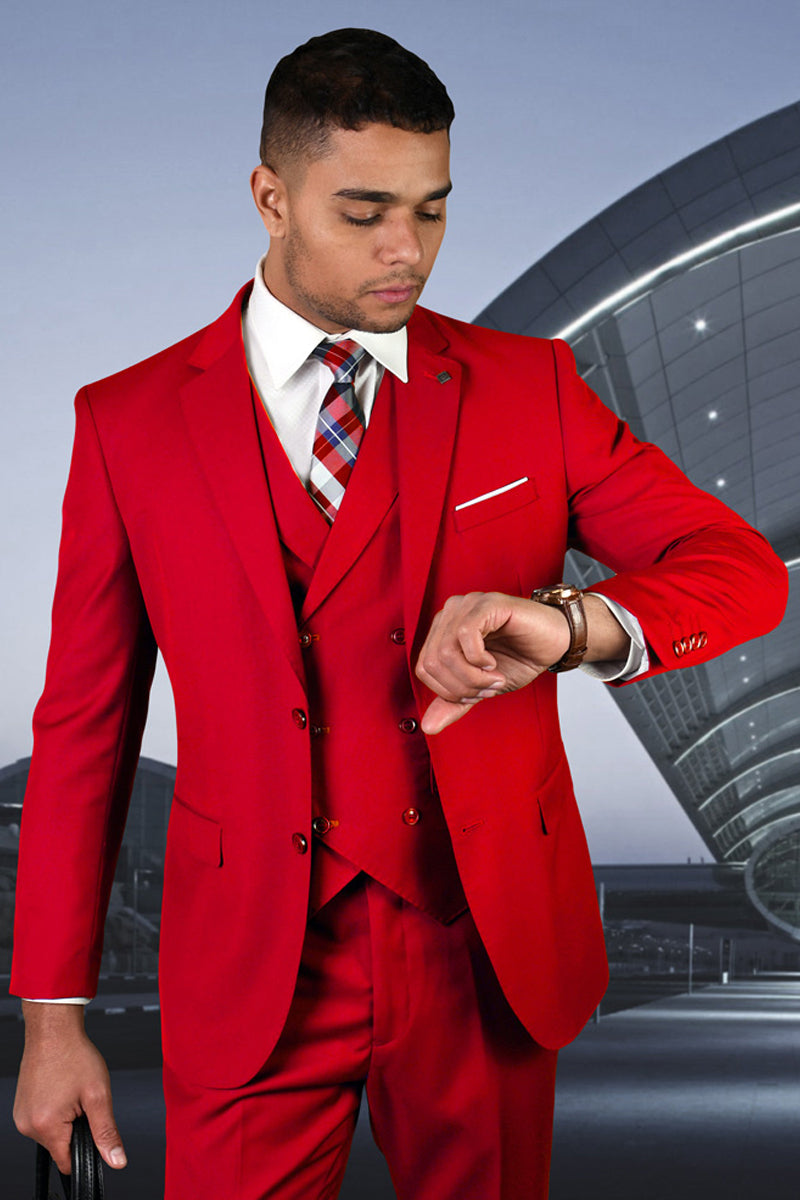 Men’s Designer Modern Fit Double Breasted Vest Wool Wedding Suit in Red