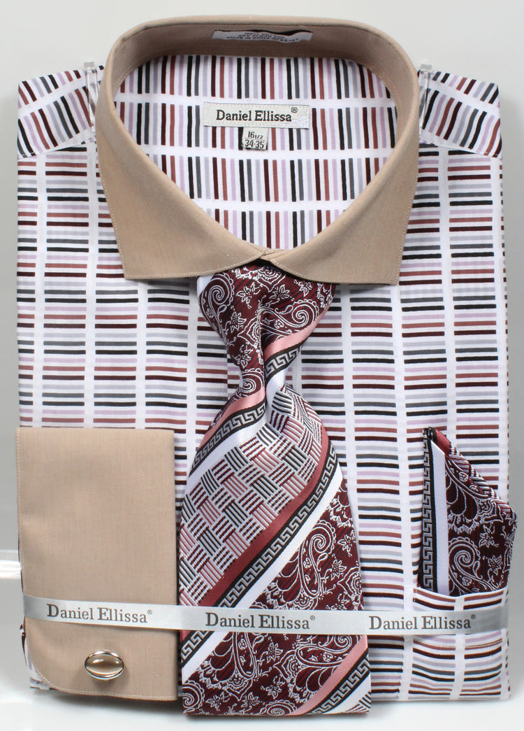 Men’s Wide Spread Collar Contrast Cuff Horizontal Multi Stripe Dress Shirt & Tie Set in Beige