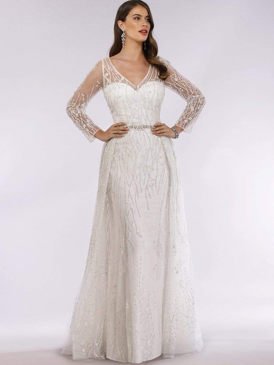29782 Lace Long Sleeve V-neck A-line Gown