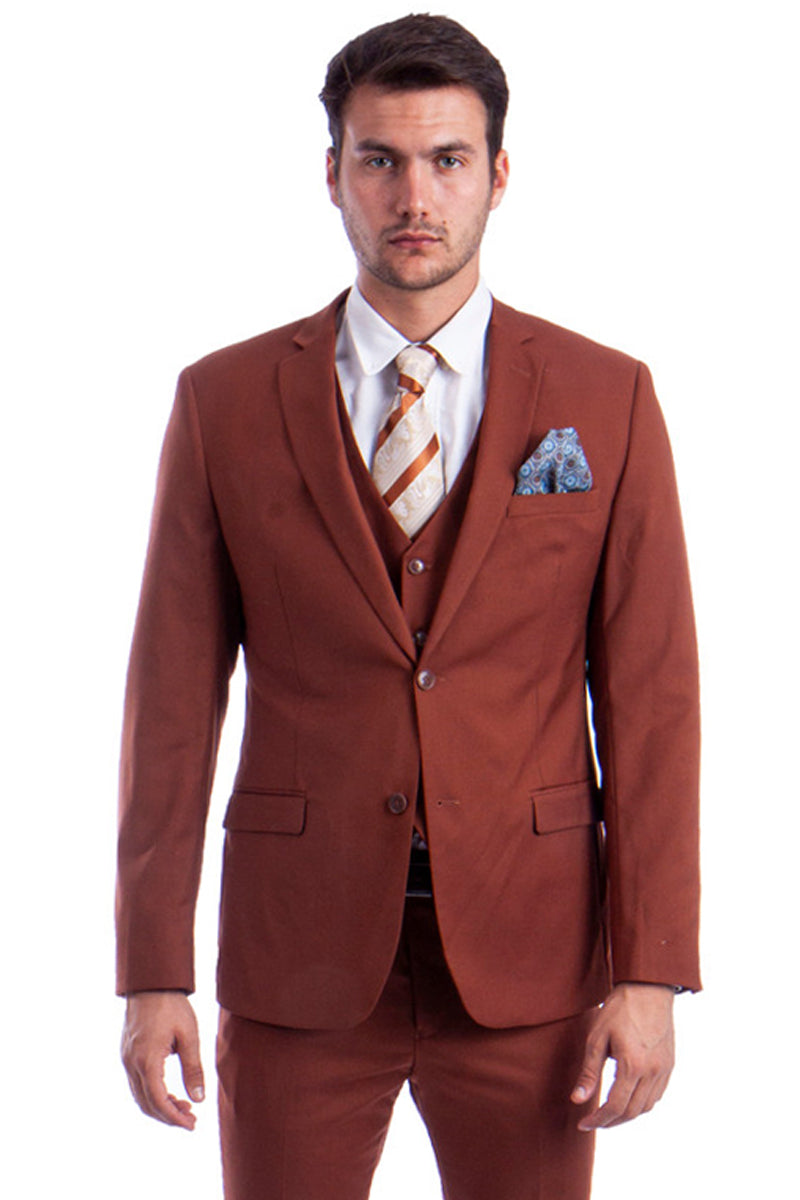 Men’s Two Button Slim Fit Vested Solid Basic Color Suit in Light Brown Rust