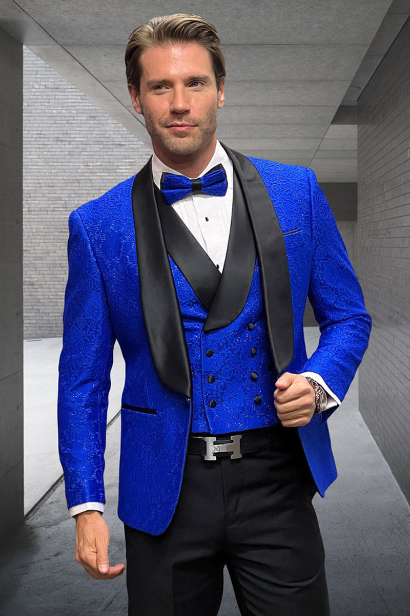 Men’s Designer Vested Floral Lace Wedding Tuxedo in Sapphire Blue