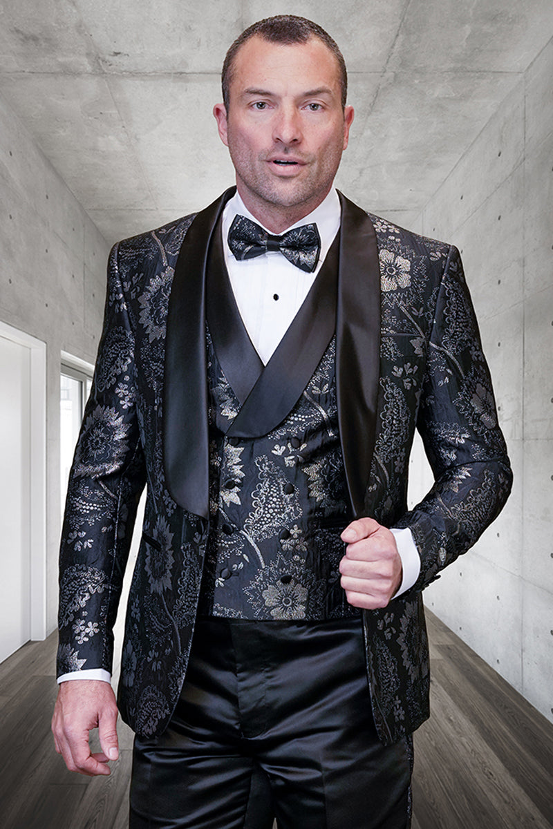 Men’s Vested Prom & Wedding Tuxedo in Black Paisley Lace Print