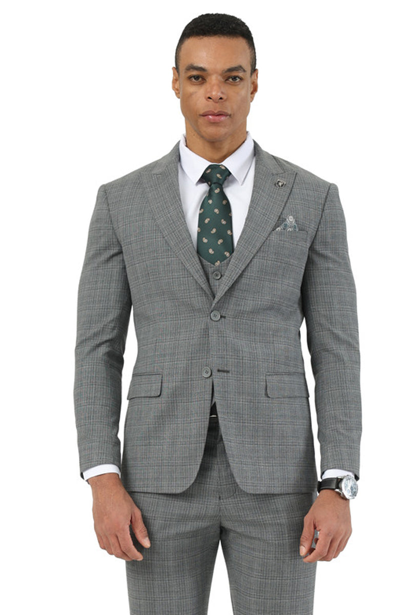 Men’s Stacy Adams Two Button Peak Lapel Suit with Scoop Vest in Grey Glen Plaid