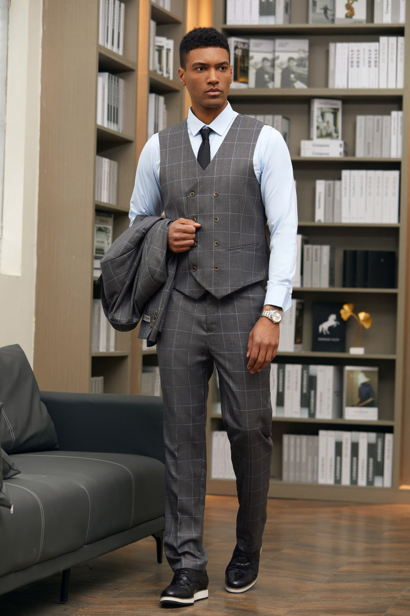 Men’s Stacy Adams One Button Peak Lapel Suit with Double Breasted Vest in Charcoal Windowpane
