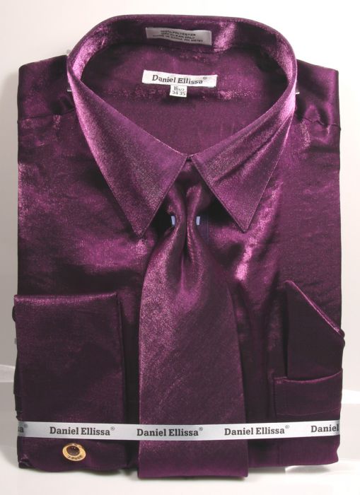 Men’s Shiny Metallic Velvet Dress Shirt & Tie Set in Purple