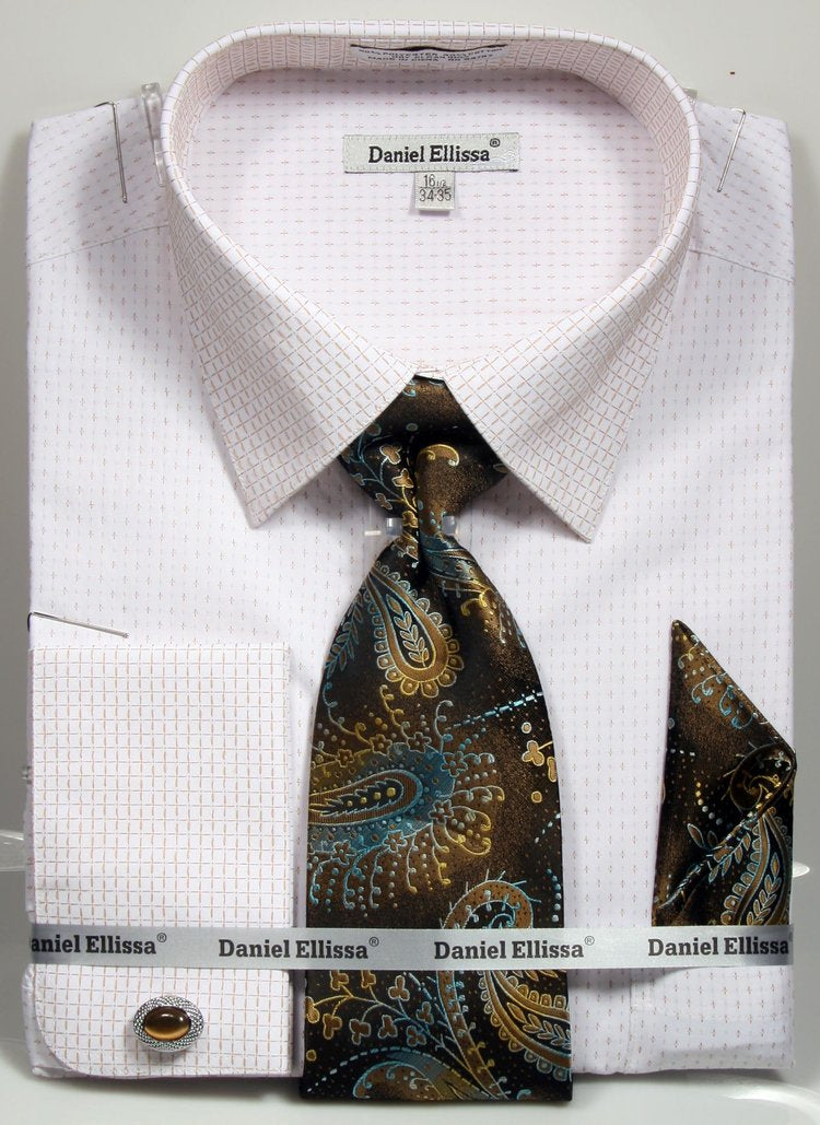 Men’s French Cuff Mini Plus Patter Spread Collar Regular Fit Dress Shirt & Tie Set in White & Beige