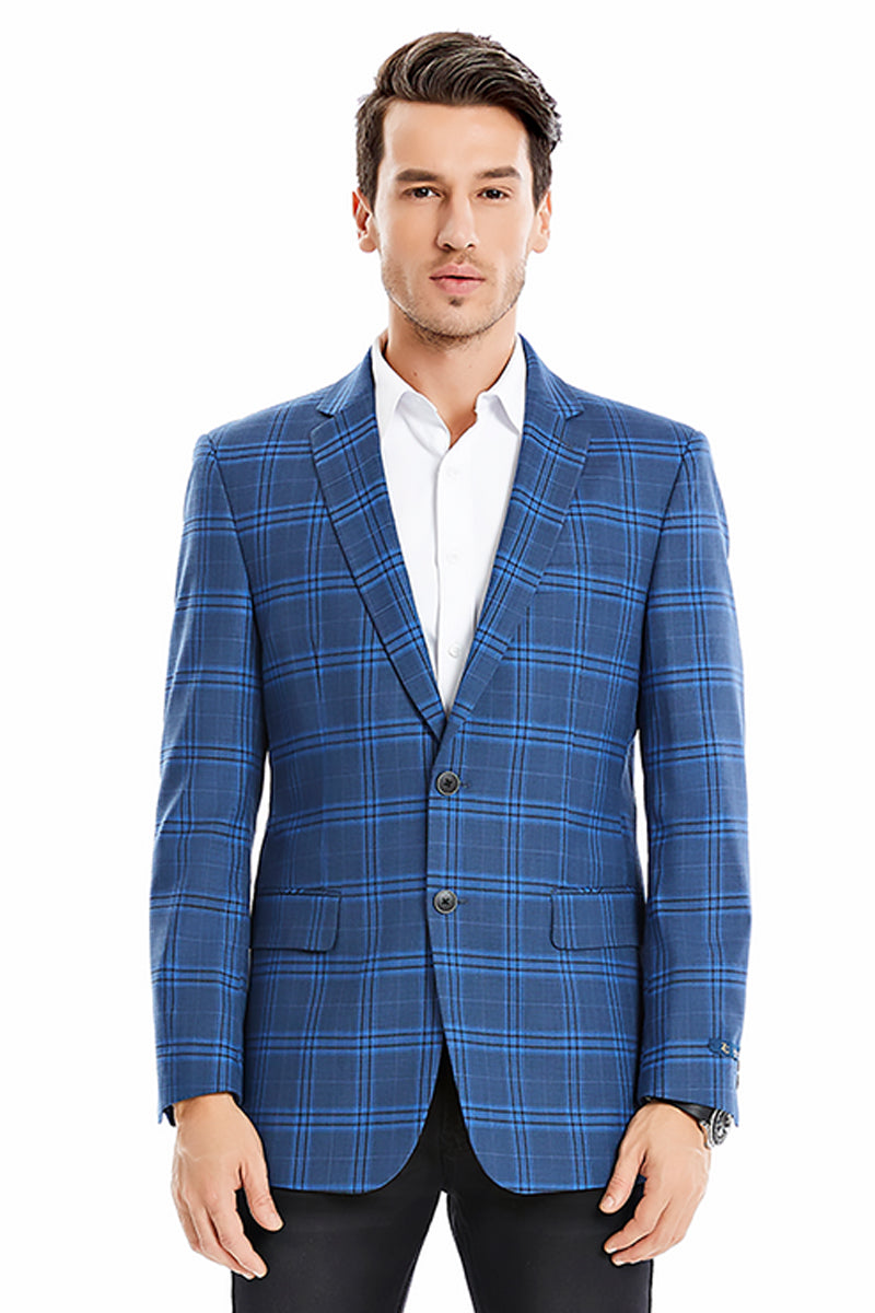 Men’s Two Button Regular Fit Double Windowpane Plaid Blazer in Dark Blue