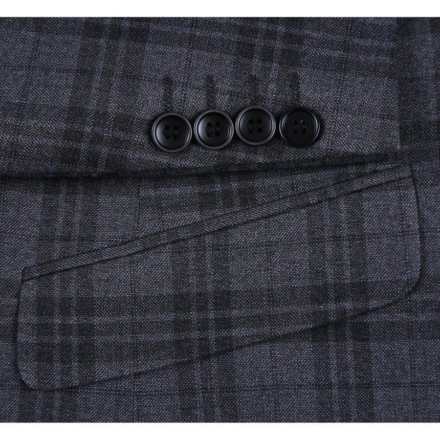 Mens Two Button Slim Fit Two Piece Hack Pocket Suit in Charcoal Grey Windowpane Plaid