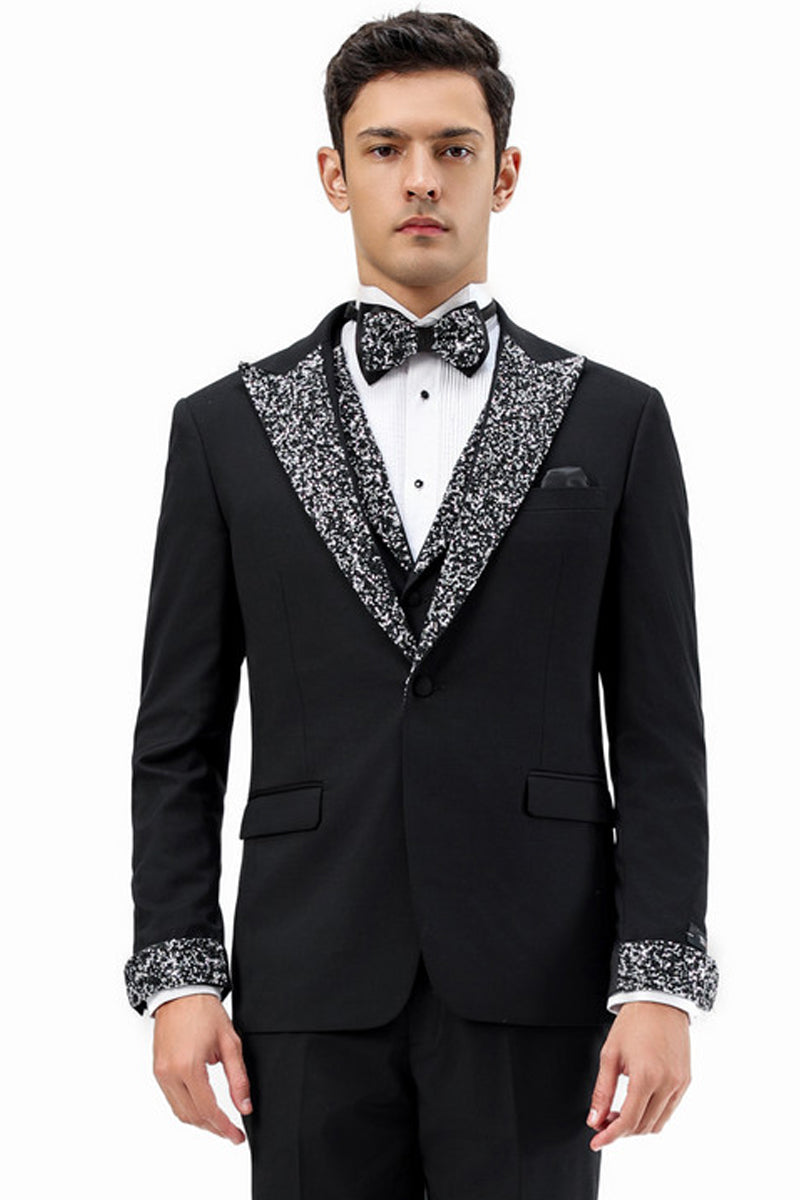 Men’s One Button Rhinestone Peak Lapel Vested Prom Tuxedo in Black