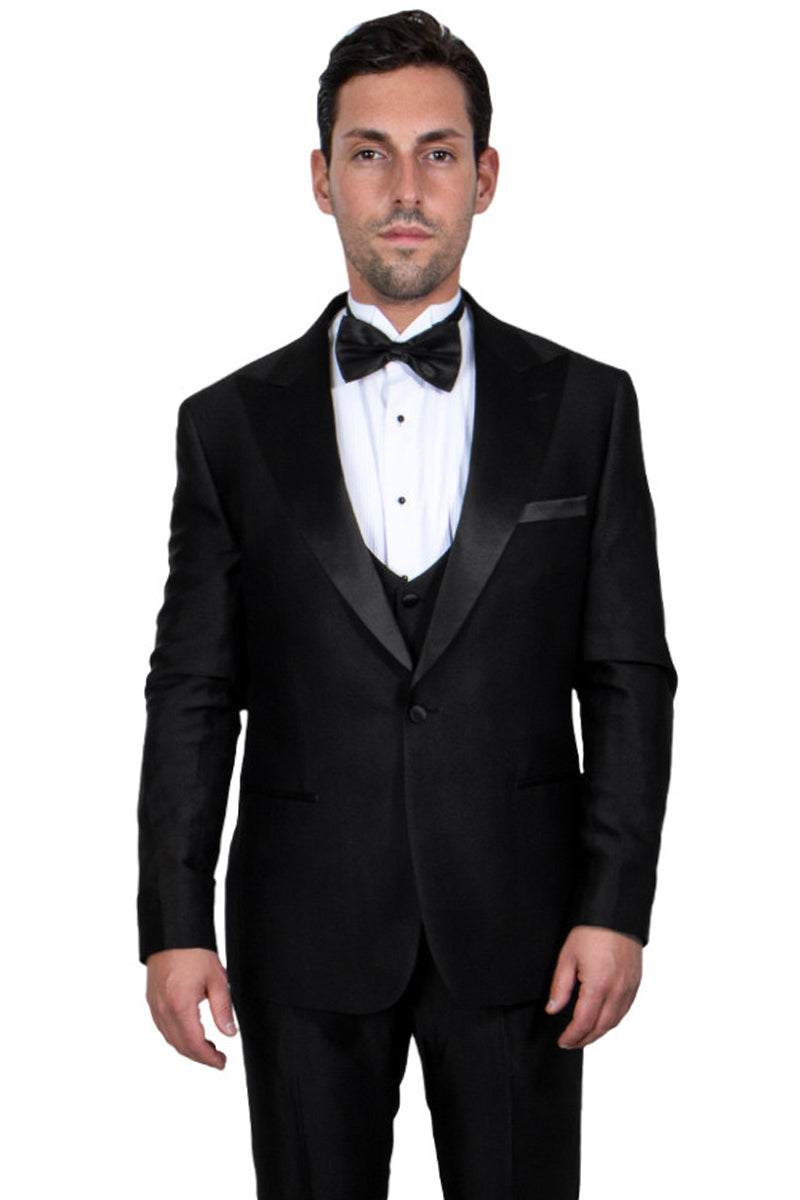 Men’s Stacy Adams Vested One Button Peak Lapel Tuxedo in Black
