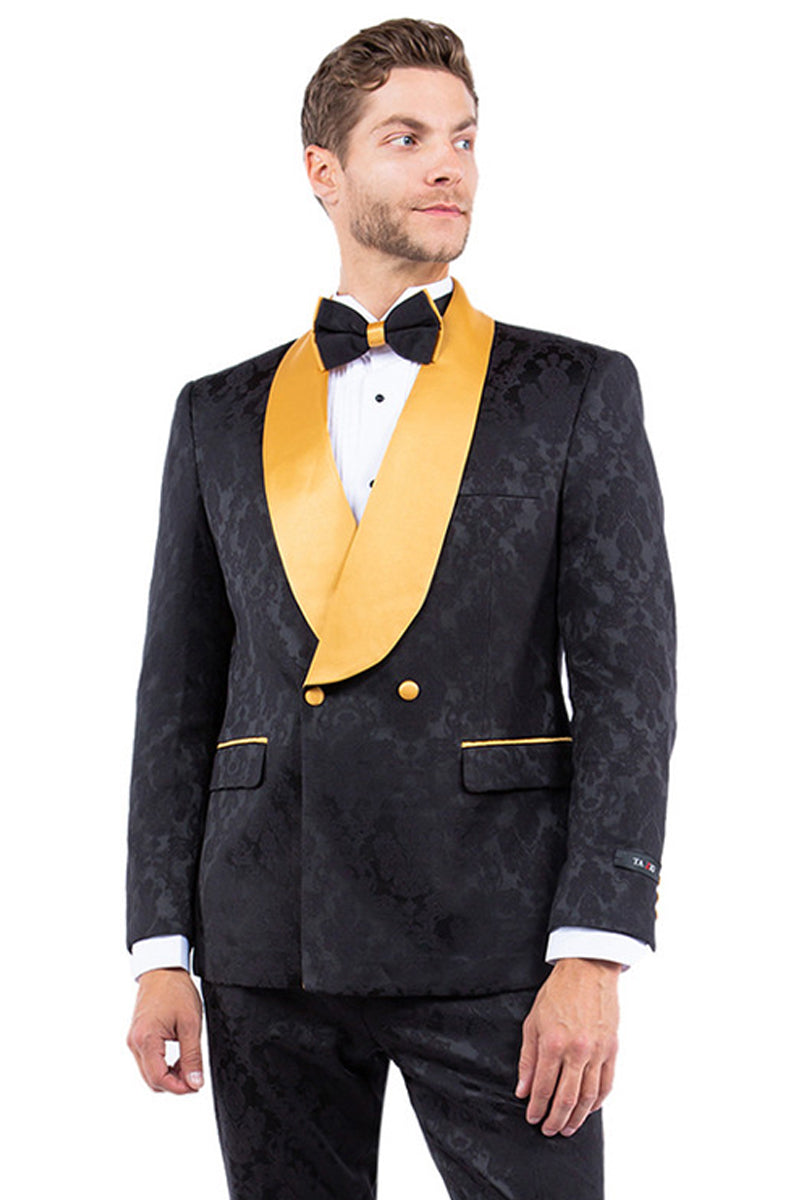 Men’s Slim Fit Double Breasted Paisley Smoking Jacket Prom & Wedding Tuxedo in Black & Gold