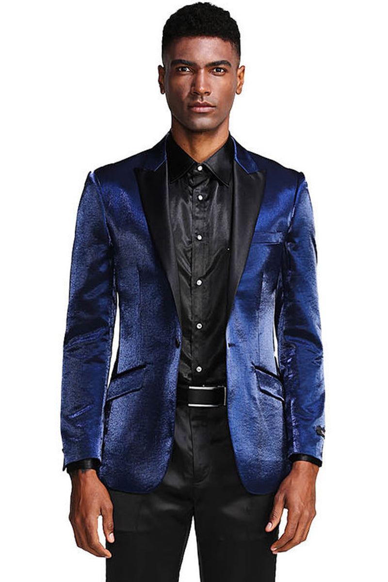 Men’s Slim Fit Shiny Satin Prom & Wedding Tuxedo Jacket in Navy Blue