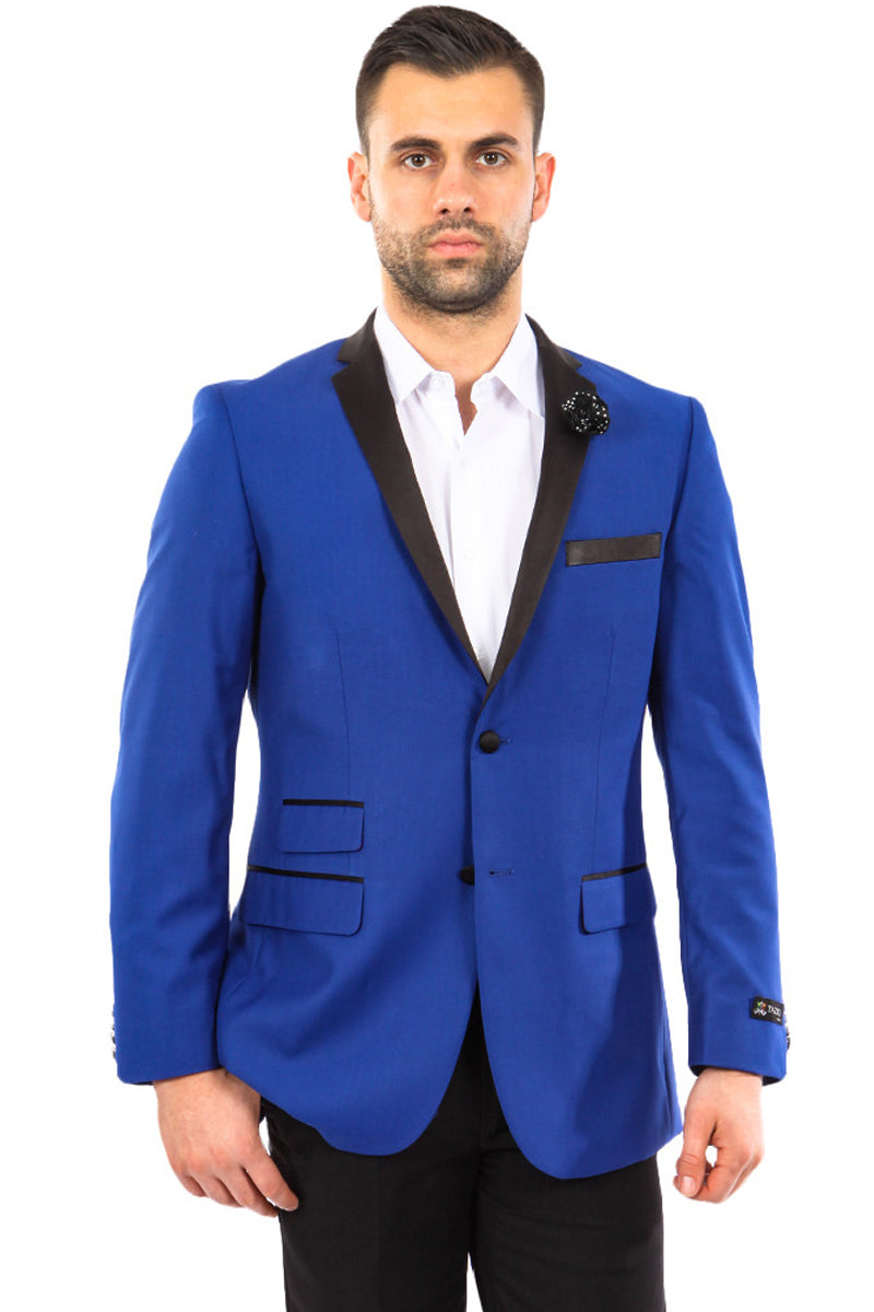Men’s Slim Fit Two Button Notch Lapel Tuxedo Jacket in Indigo Blue & Black