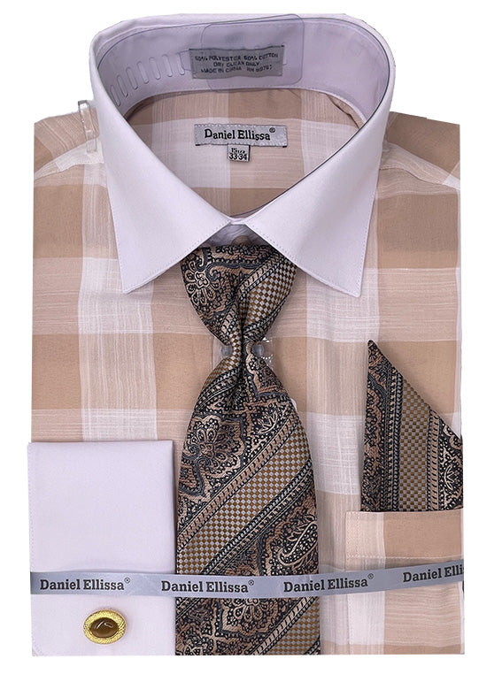 Men’s Contrast Collar & French Cuff Picnic Plaid Dress Shirt Set in Beige