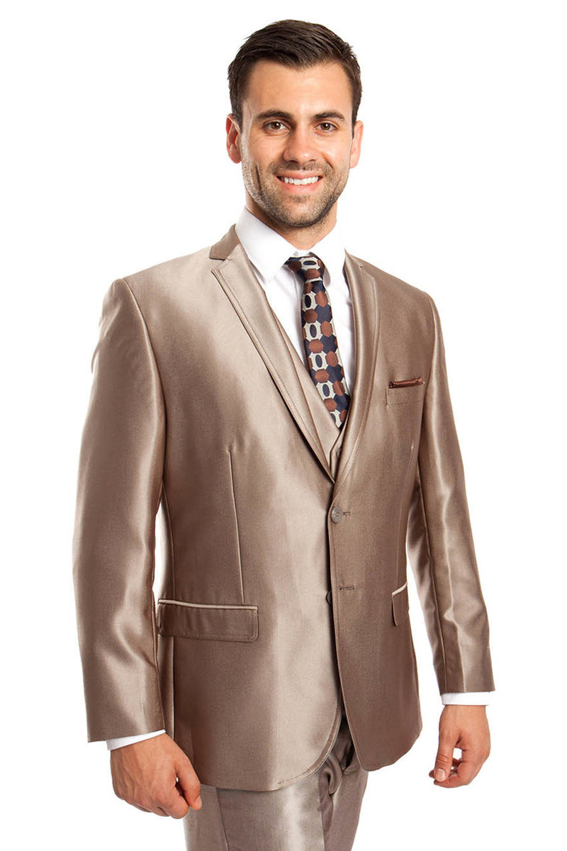 Men’s Two Button Vested Shiny Sharkskin Wedding & Prom Fashion Suit in Dark Taupe