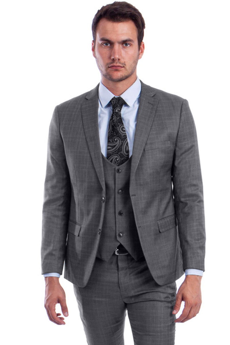 Men’s Two Button Vested Skinny Fit Suit with Low Cut Vest in Grey Plaid