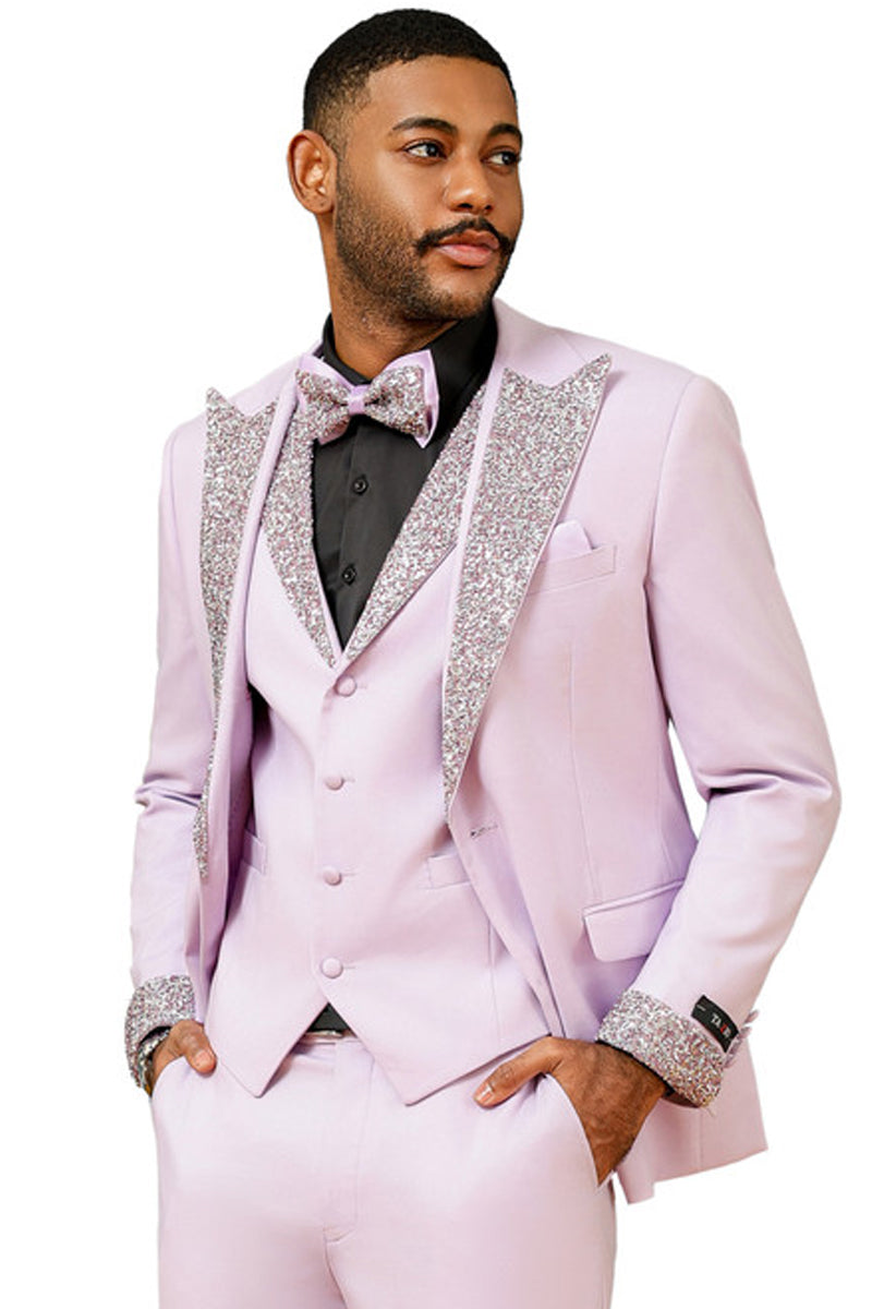 Men’s One Button Rhinestone Peak Lapel Vested Prom Tuxedo in Lavender