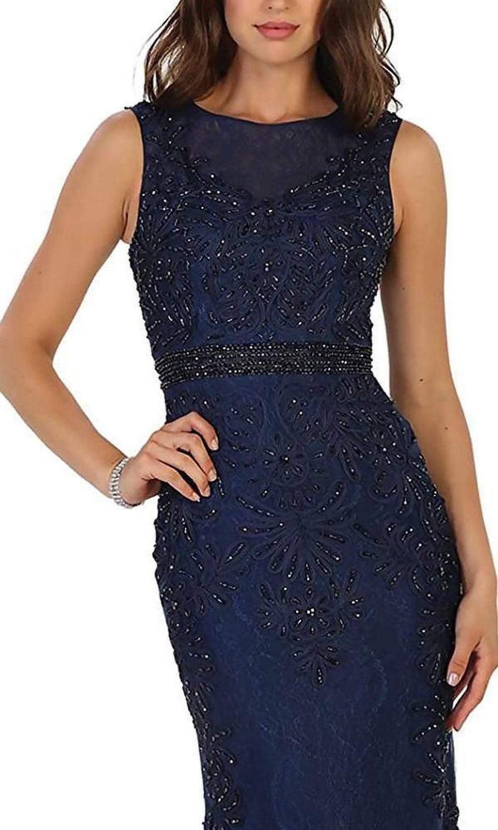 Beaded Illusion Bateau Sheath Evening Gown RQ7524