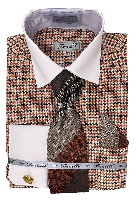 Men’s Vintage Style Multi-Colored Houndstooth Dress Shirt & Tie Package in Beige