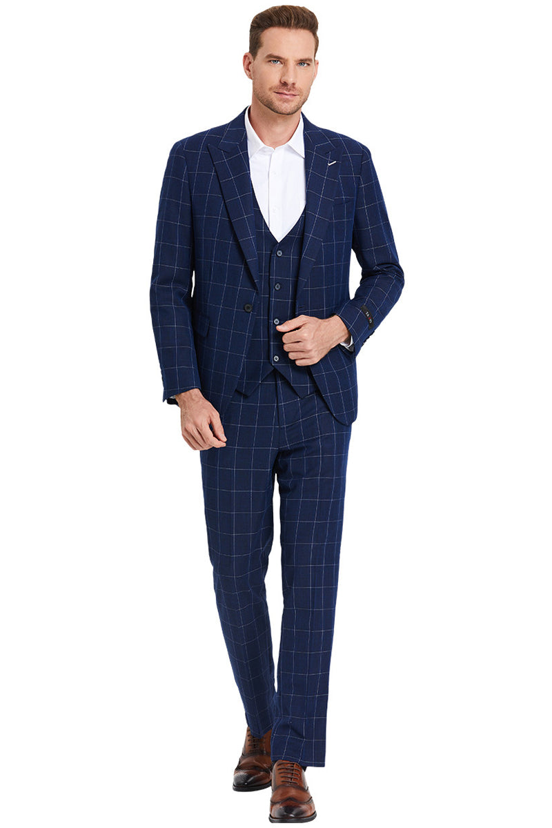 Men’s One Button Peak Lapel Vested Bold Chalk Windowpane Plaid Suit in Navy Blue