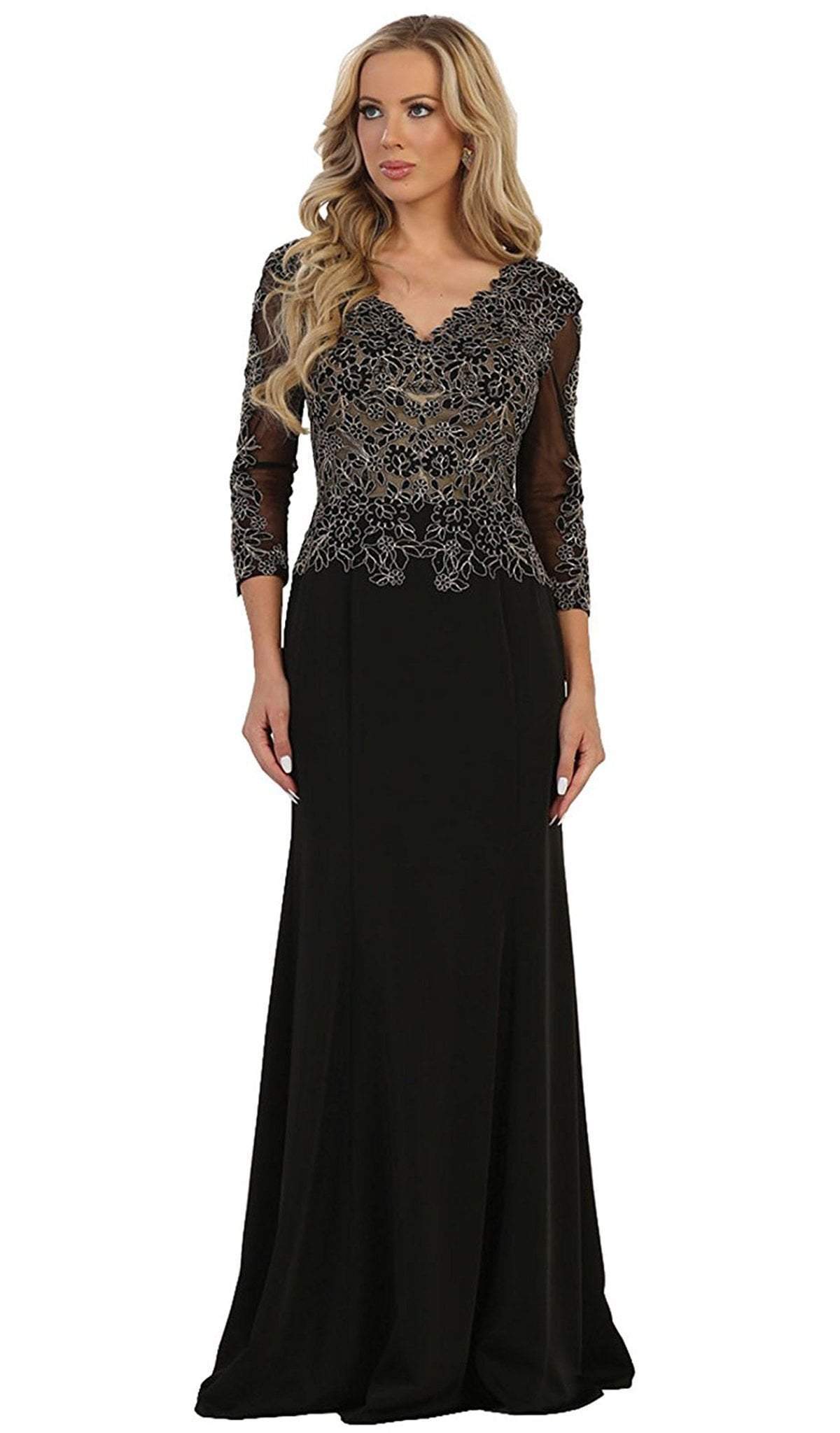MQ1505 Quarter Length Sleeve Lace Sheath Evening Dress