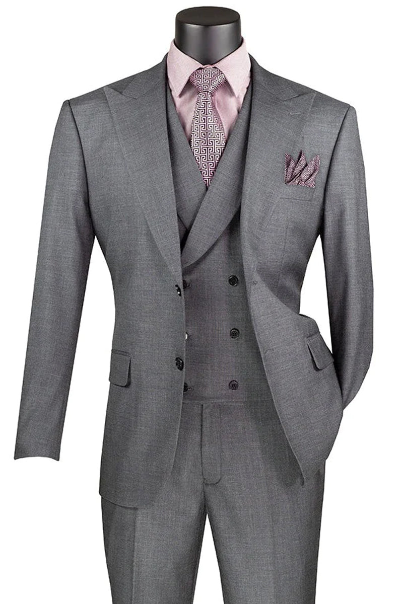 Men’s Summer Sharkskin Suit with Double Breasted Vest in Charcoal Grey