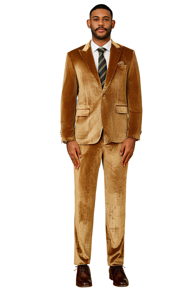 Men’s Slim Fit One Button Velvet Wedding & Prom Suit in Gold