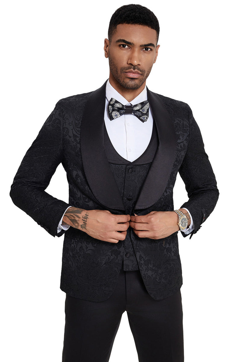 Men’s Designer Wedding & Prom Shawl Lapel Vested Paisley Tuxedo in Black