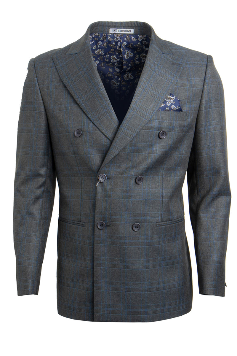 Men’s Stacy Adams Double Breasted Suit in Charcoal Grey Windowpane Plaid