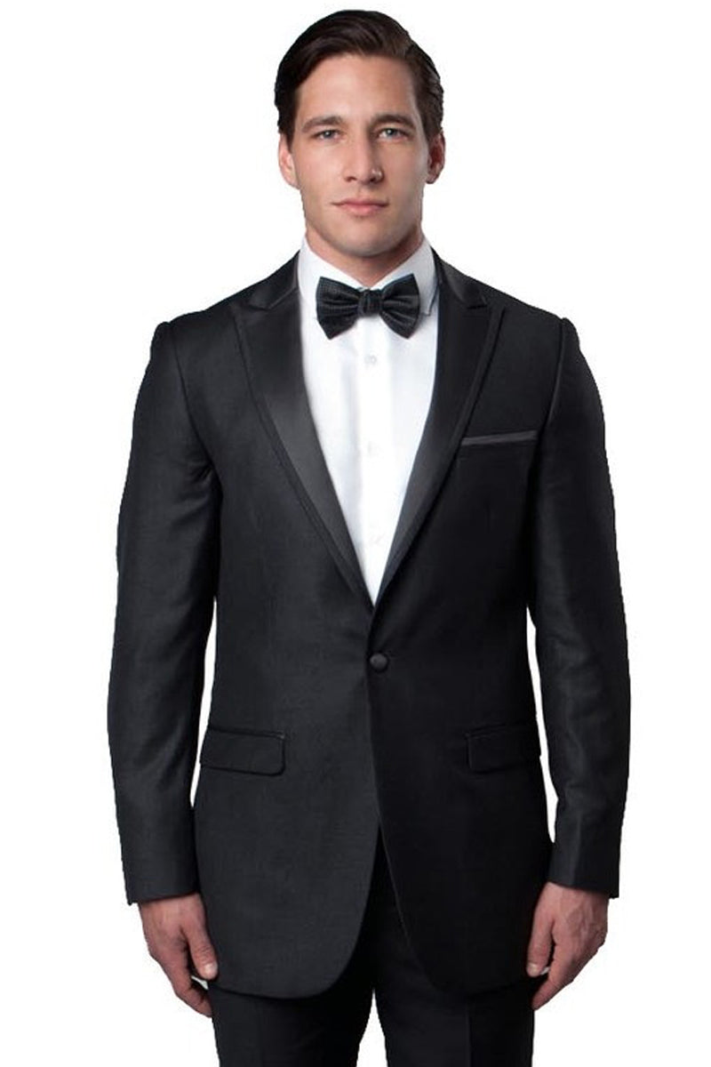 Men’s Slim Fit One Button Satin Trim Peak Lapel Prom & Wedding Tuxedo in Charcoal Grey