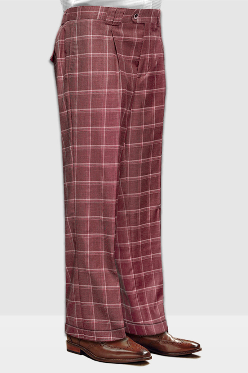 Men’s Designer Wool Pleated Wide Leg Dress Pants in Burgundy Brick Windowpane Plaid