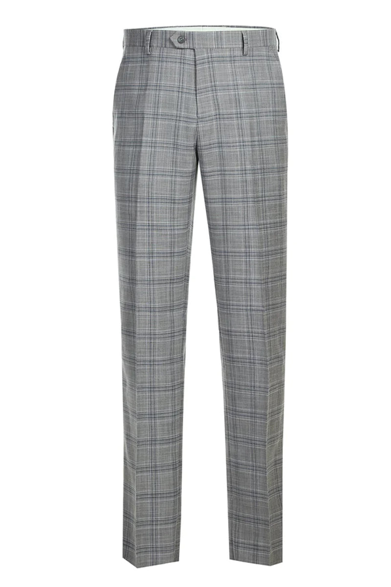 Mens Classic Fit Two Button Suit in Light Grey and Navy Blue Windowpane Plaid