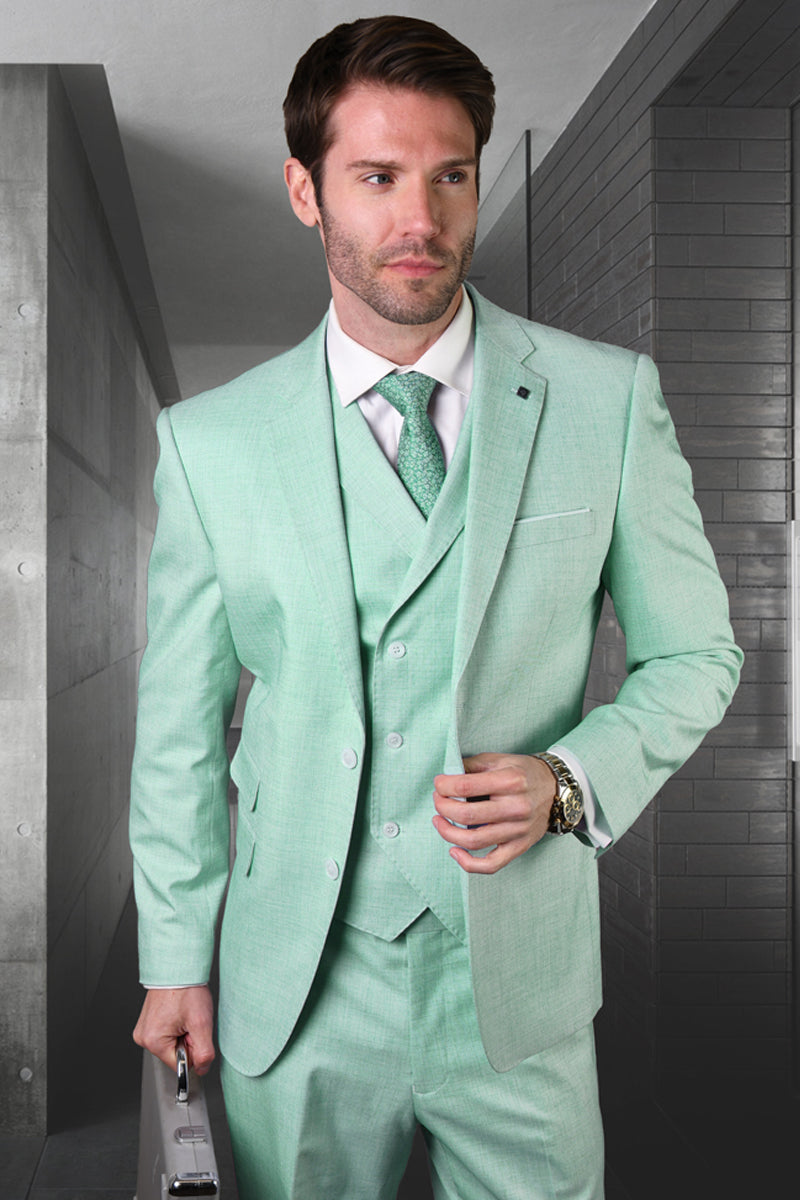 Men’s Modern Fit Designer Summer Wool Suit in Mint Green with a Double Breasted Vest