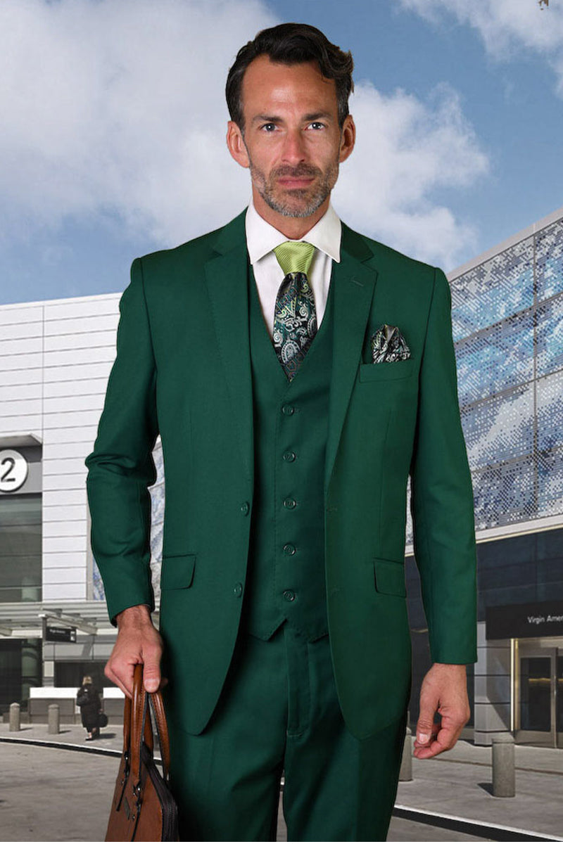Men’s Designer Vested Modern Fit Wool Business & Wedding Suit in Forest Green