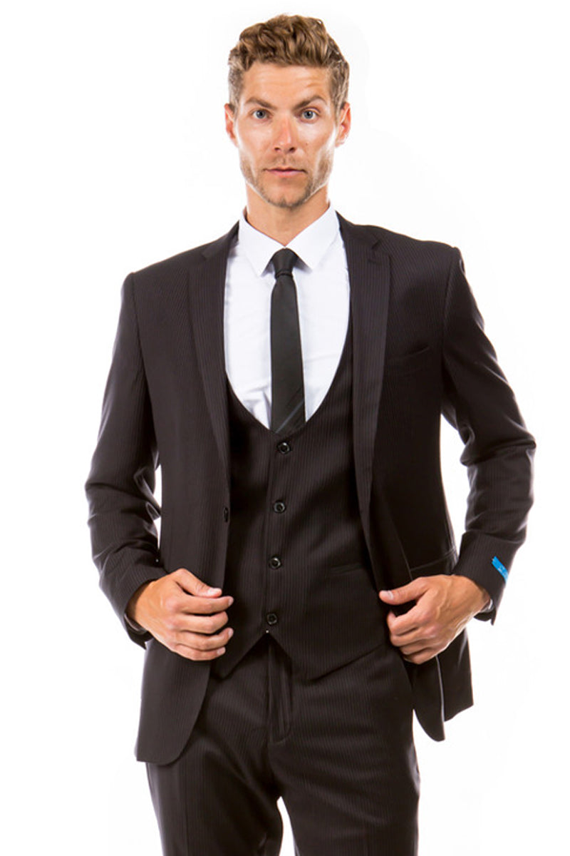 Men’s Two Button Vested Hybrid Fit Micro Mini Pinstripe Business Suit in Black