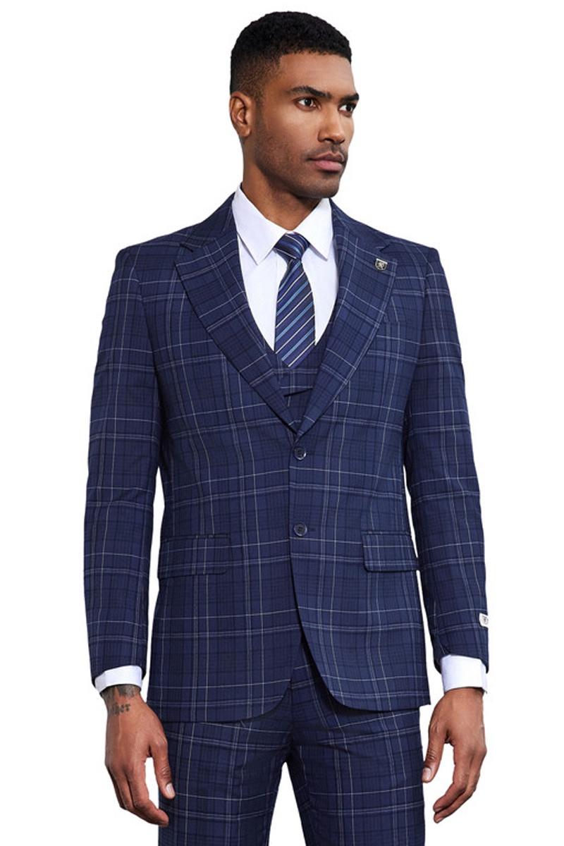 Men’s Stacy Adams Vested Two Button Double Windowpane Plaid Suit in Navy