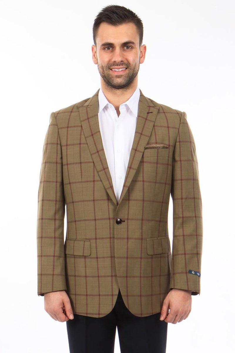 Men’s Two Button Windowpane Plaid Sport Coat in Bronze