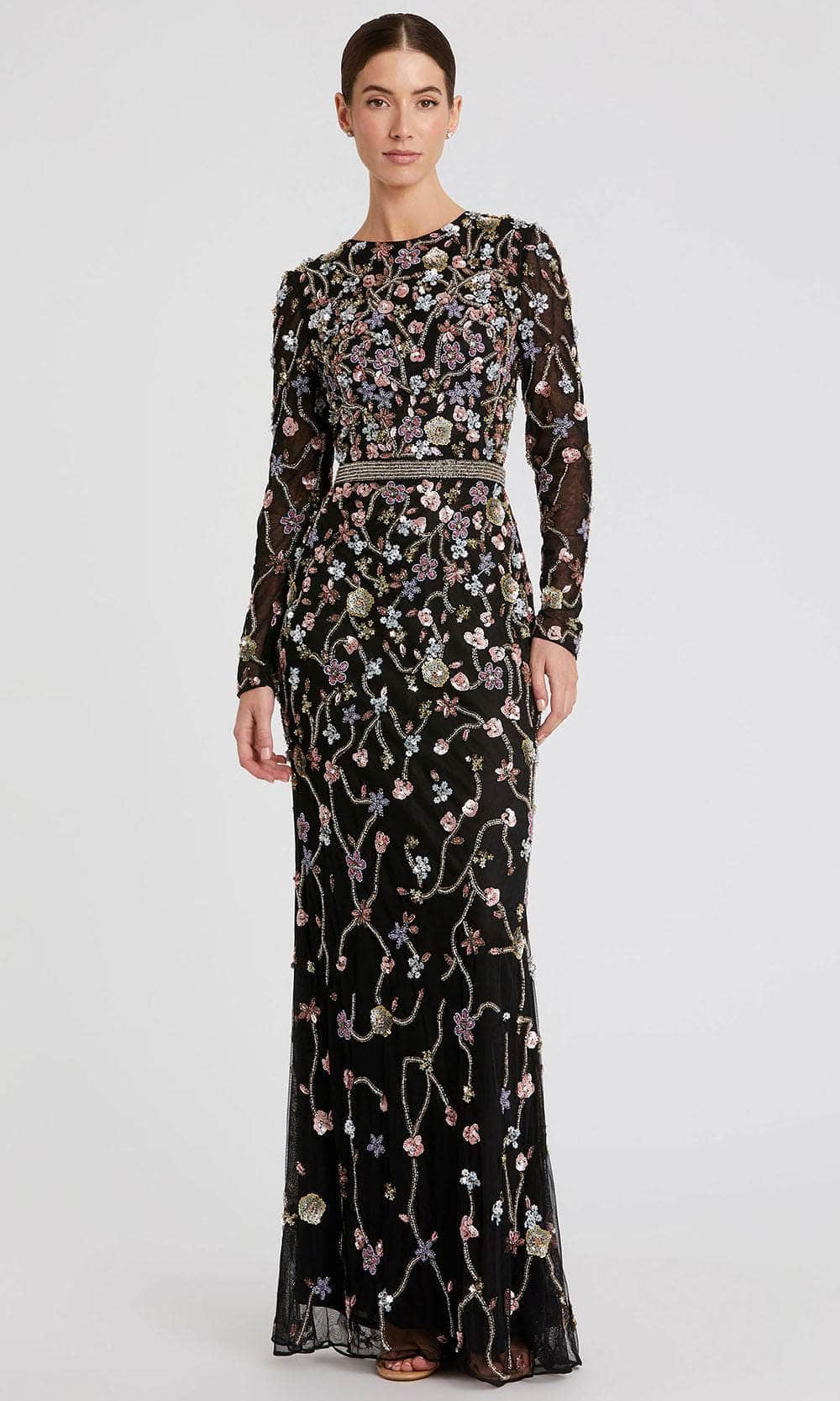 Floral Embellished Long Sleeve Evening Dress