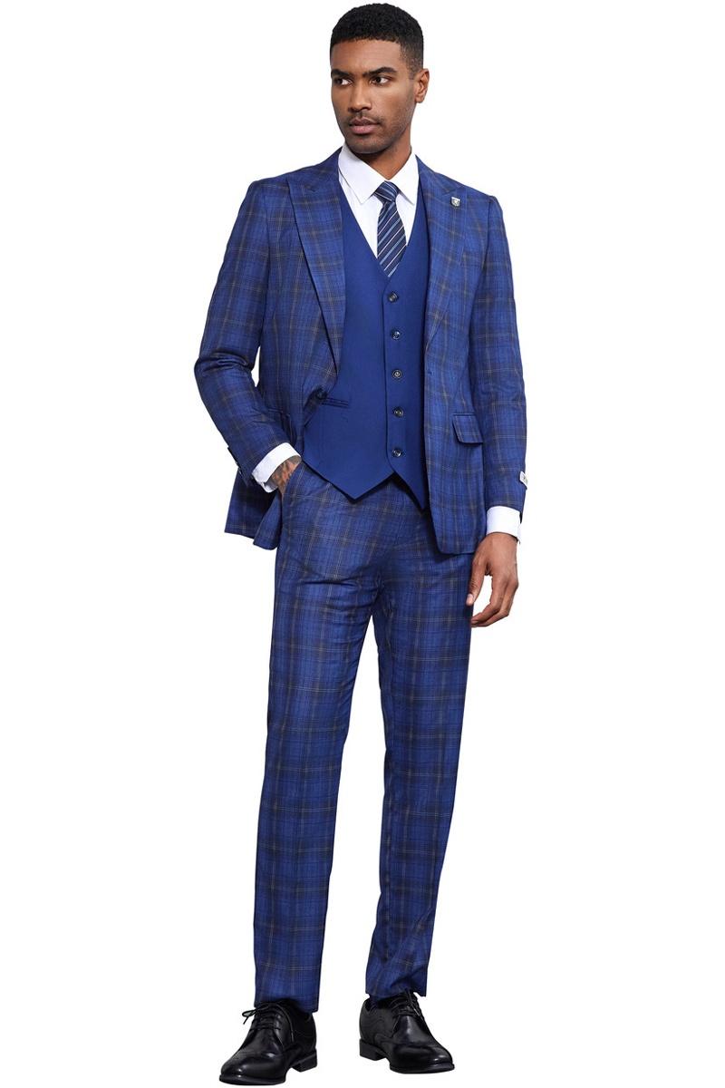 Men’s Stacy Adams Bold Windowpane Plaid Print Vested Suit in Midnight Blue