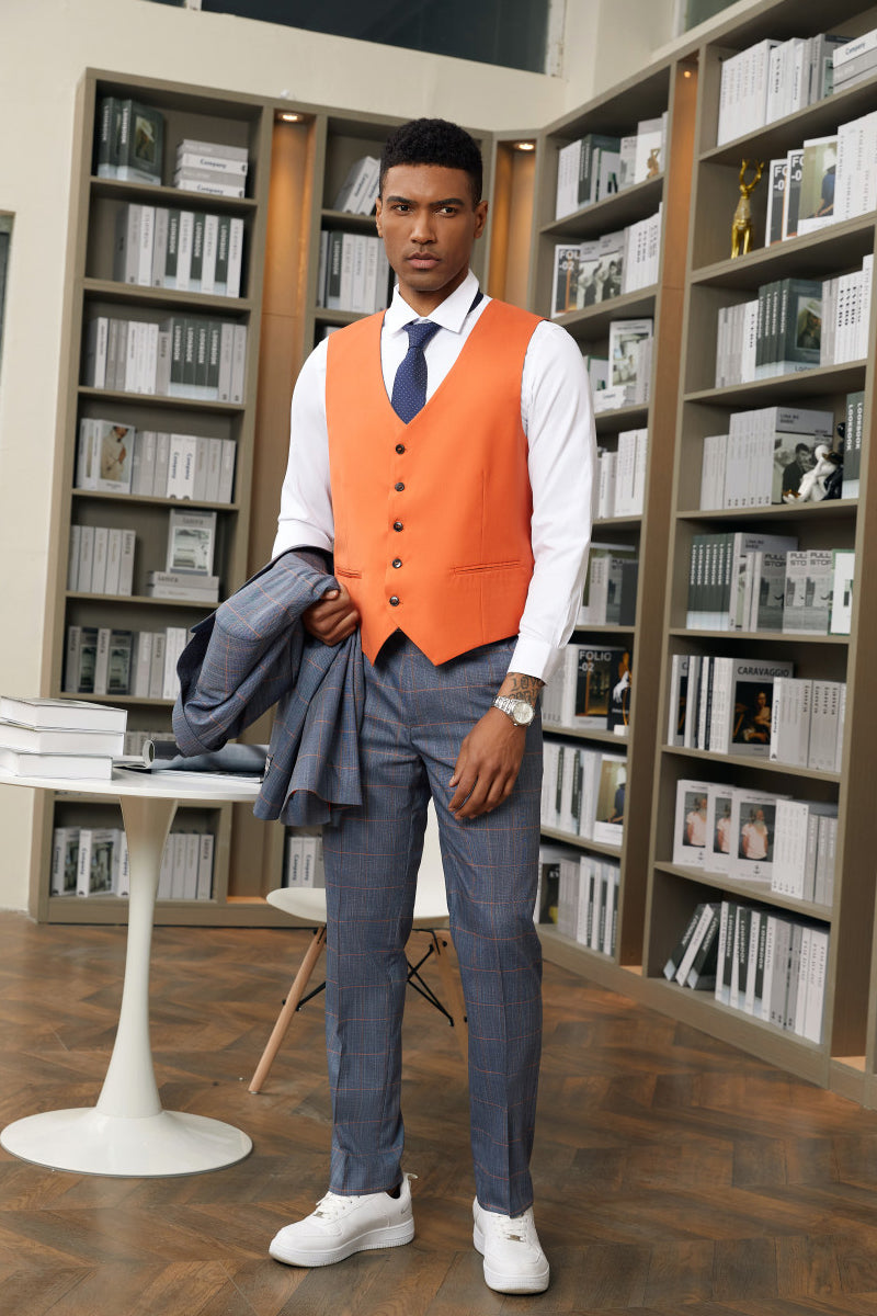 Men’s Stacy Adam’s One Button Vested Peak Lapel Suit in Navy Blue & Orange Windowpane Plaid