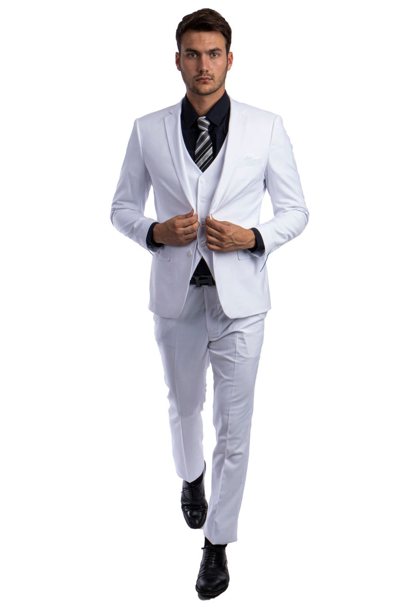 Men’s Two Button Slim Fit Vested Solid Basic Color Suit in White